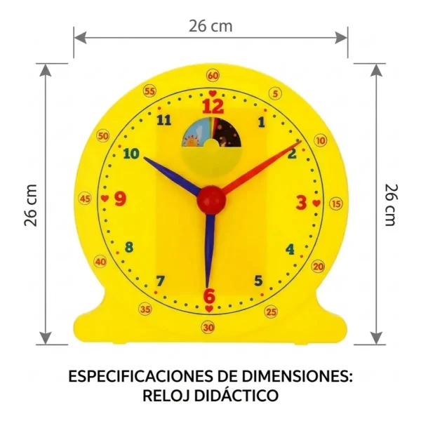 Reloj Didáctico Infantil Aprende Hora Día Noche Manecillas Amarillo 26cm