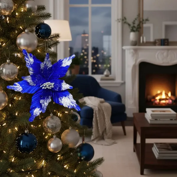 Flor 25cm Azul Arbol De Navidad Adornos Decoración X4u  Azul