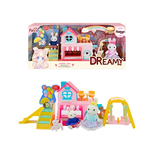 Casita De Conejos Familia Con Accesorios Juego Tobogan Color Rosa