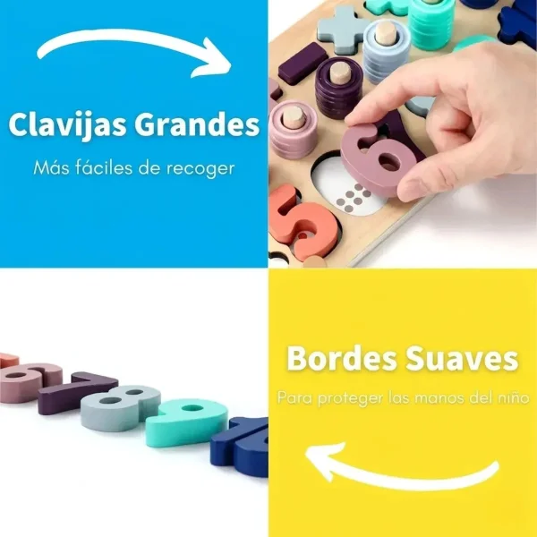 Tablero Madera Montessori 3 En 1 Números Formas Sensorial Multicolor