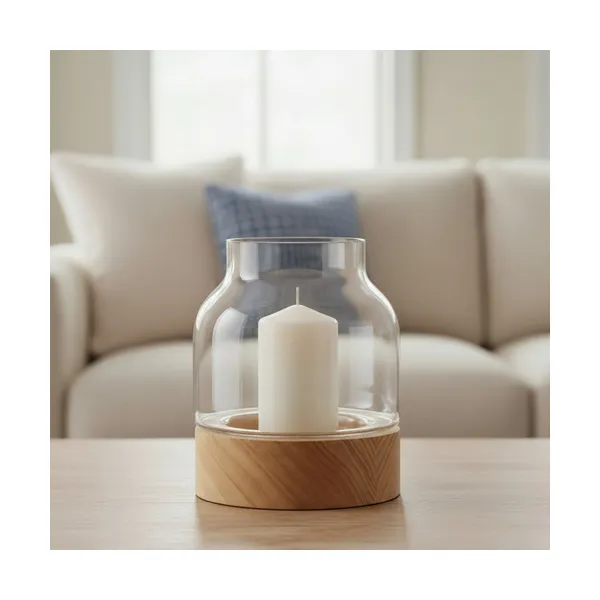 Portavela Vidrio Florero Con Base De Madera Deco Hogar 19cm Color Transparente