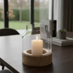 Portavela Vidrio Florero Con Base De Madera Deco Hogar 19cm Color Transparente