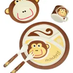 Set Vajilla Infantil Mono 5pzs Plato Vaso Cubiertos De Bambu Color Marrón