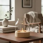 Portavela Vidrio Florero Con Base De Madera Deco Hogar 19cm Color Transparente