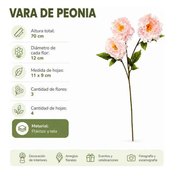 Vara Peonias Artificiales 70cm Flores Grandes Deco Pack X6 Rosa