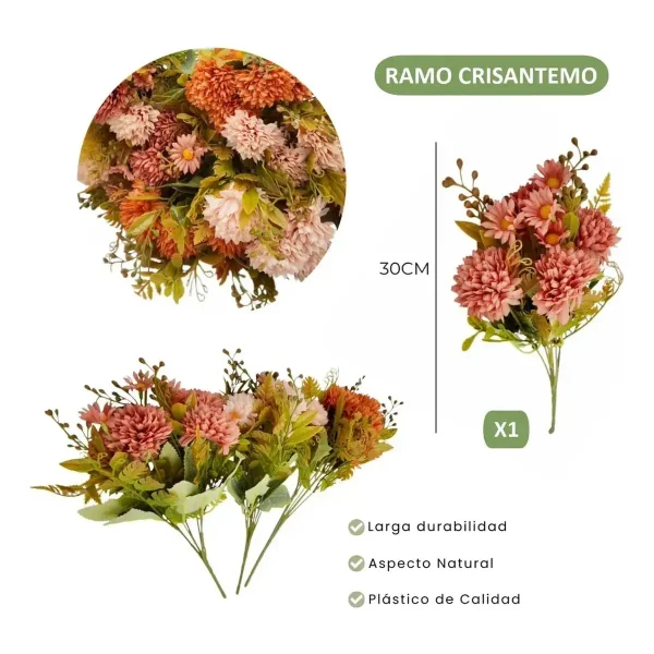 Ramo Crisantemos Flores Artificiales 30cm Decoración Pack X6 Vino