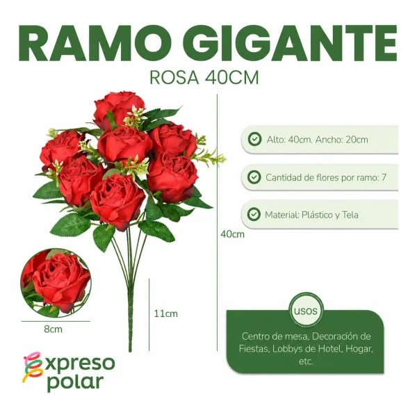 Ramo Rosas Artificiales Grande Flores Rojas Artificial 40cm Rojo