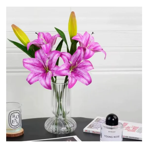 Ramo Lirios Flores Pack X3 Vara Lilium Artificiales 36cm Fucsia