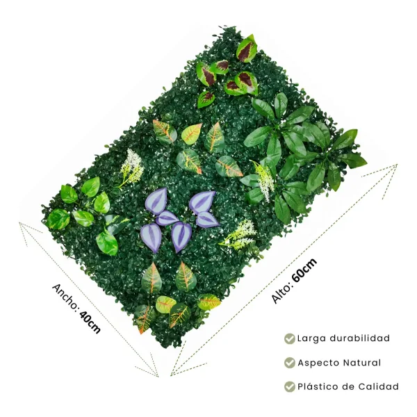 Jardín Vertical Artificial Flores Interior Exterior 40x60 Verde