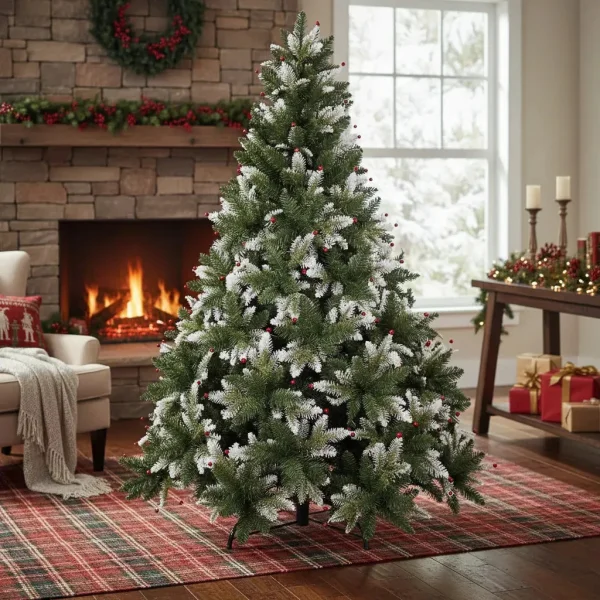 Arbol De Navidad Pino Natural Nevado Con Berry 1.50mts Color Verde