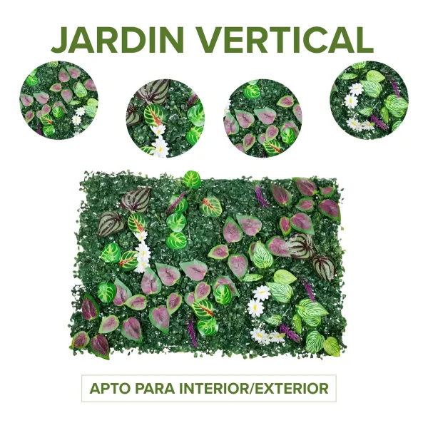 Jardín Vertical Artificial Flores Interior Exterior 40x60cm Verde