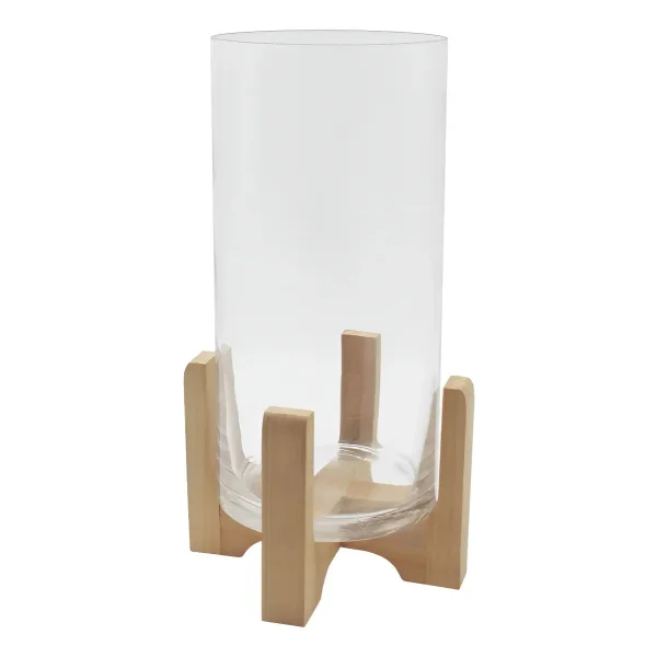 Portavela Jarrón De Vidrio Grande Con Base De Madera 34cm