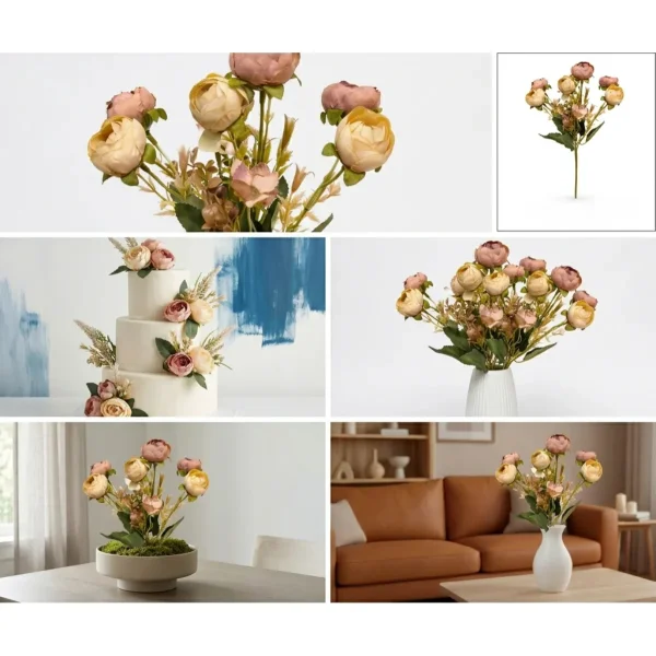 Ramo Flores Artificiales Vintage Peonías 30cm Deco Hogar Blanco