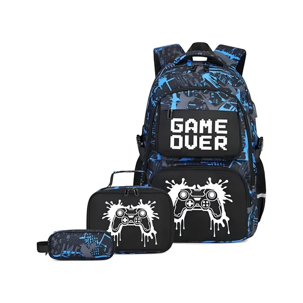 Mochilas Escolares 3 En 1 Cartuchera Lonchera Game Over Nene