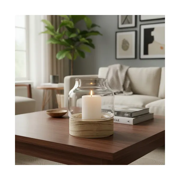Portavela Vidrio Con Base De Madera Decoración Hogar 15cm