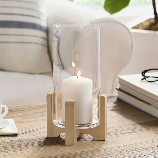 Portavela Jarrón De Vidrio Grande Con Base De Madera 34cm Transparente