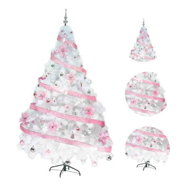 Arbol De Navidad Blanco Tronador Lujo 2,10mts Decorado Rosa Blanco
