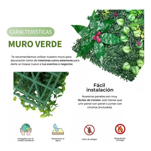 Jardín Vertical Cesped Artificial Flores Muro Verde 40x60 Verde