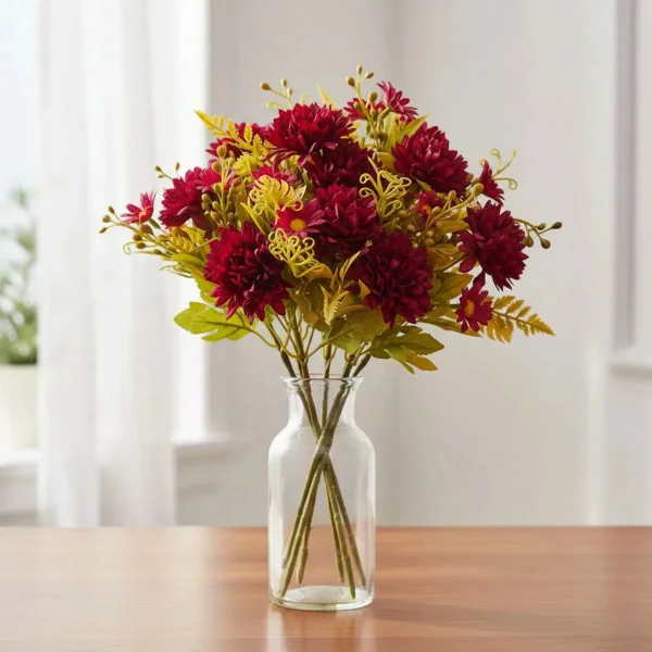 Ramo Crisantemos Flores Artificiales 30cm Decoración Pack X6 Vino