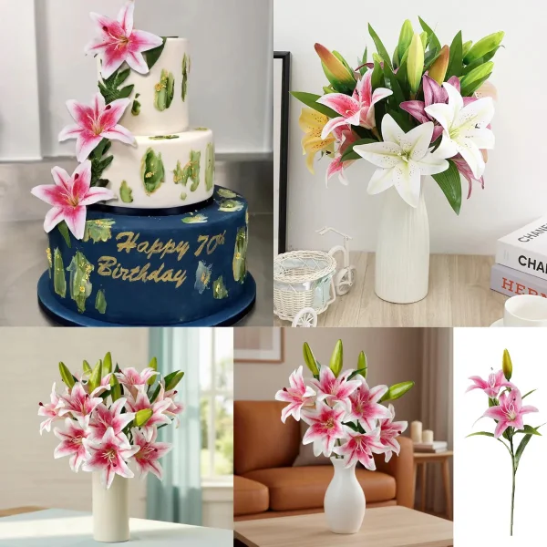Ramo Lirios Flores Pack X3 Vara Lilium Artificiales 36cm Fucsia