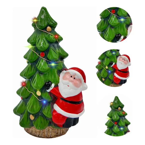 Adorno Ceramica Arbol De Navidad Papa Noel 23cm + Luz Deco