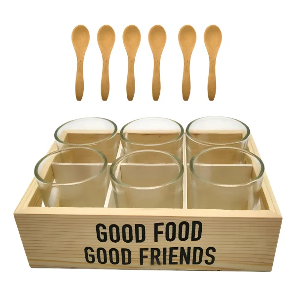 Set X6 Copetineros De Vidrio Y Madera Con Cucharitas Transparente