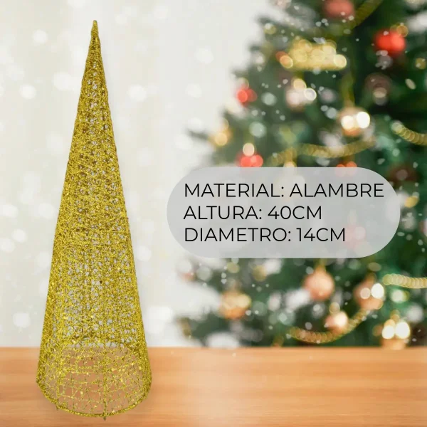 Arbol Navideño Pino Alambre Cono Adorno Navidad 40cm Dorado