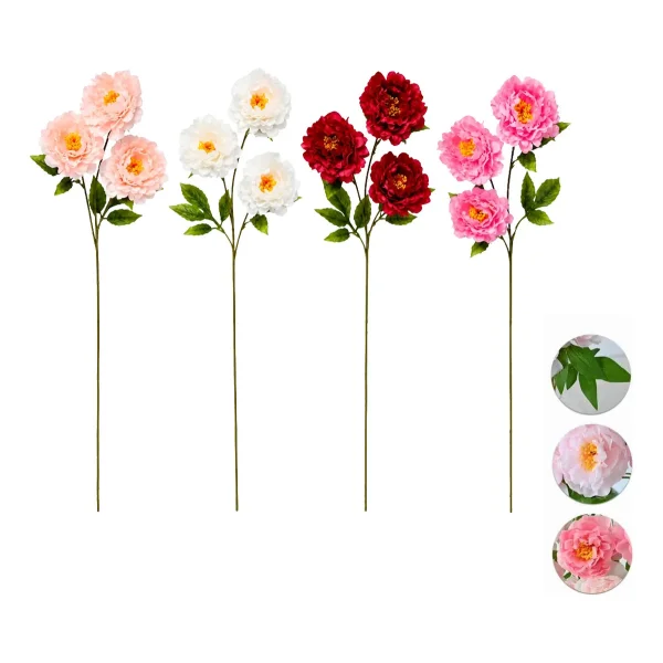 Vara Peonias Artificiales 70cm Flores Grandes Deco Pack X3 Rojo