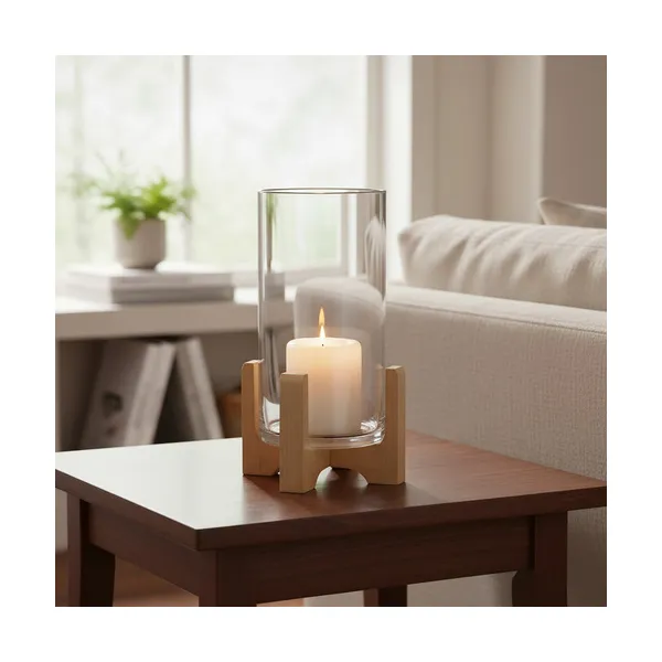 Portavela Jarrón De Vidrio Grande Con Base De Madera 34cm
