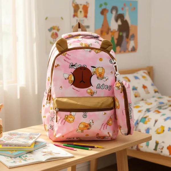 Mochila Escolar + Cartuchera Capibara Infantil Para Niños/as