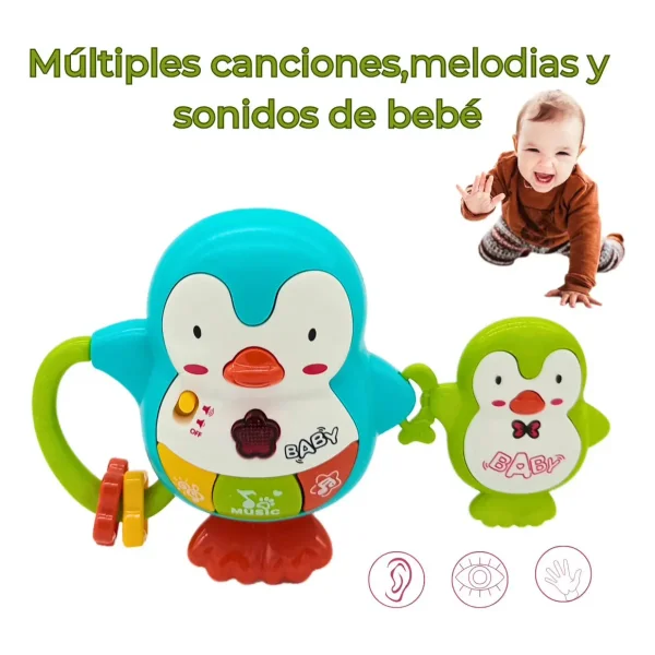 Sonajero Musical Bebe Pinguino Celeste Con Luces Y Sonidos