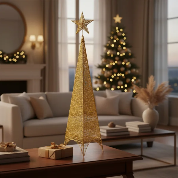 Arbol De Navidad Cono + Puntal Estrella Adorno Navideño 95cm Dorado