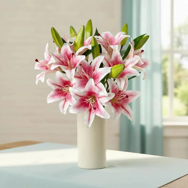Ramo Lirios Flores Pack X3 Vara Lilium Artificiales 36cm Rosa