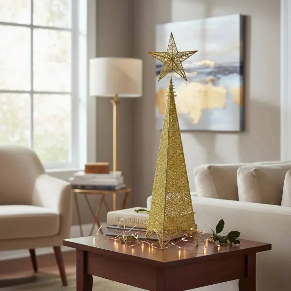 Arbol De Navidad Cono + Puntal Estrella Adorno Navideño 95cm Dorado