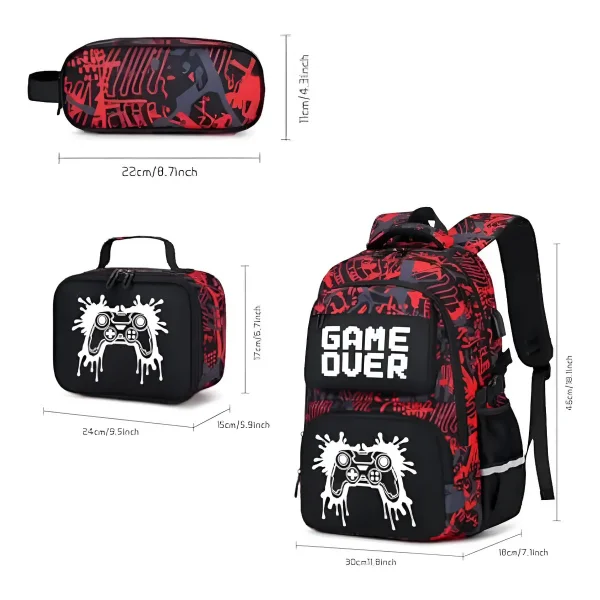 Mochilas Escolares 3 En 1 Cartuchera Lonchera Game Over Nene