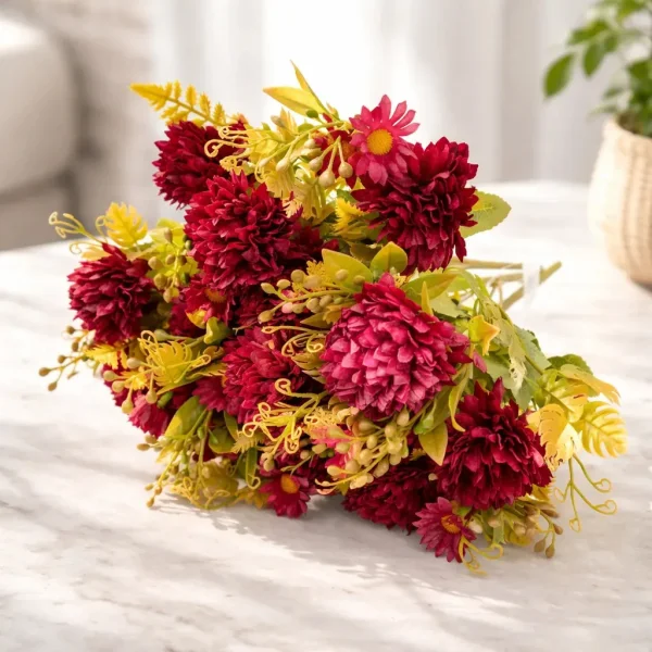 Ramo Crisantemos Flores Artificiales 30cm Decoración Pack X6 Vino