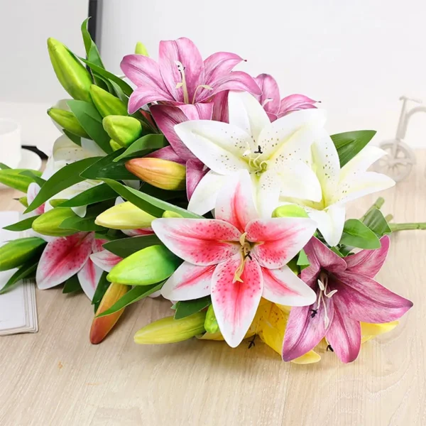 Ramo Lirios Flores Pack X3 Vara Lilium Artificiales 36cm Rosa