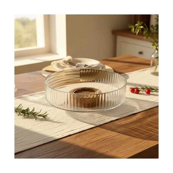 Ensaladera Vidrio 20cm Con Base De Madera Acacia Transparente