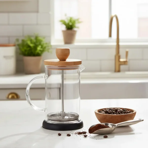 Cafetera De Embolo 600ml Prensa Francesa De Vidrio Y Madera Trasparente