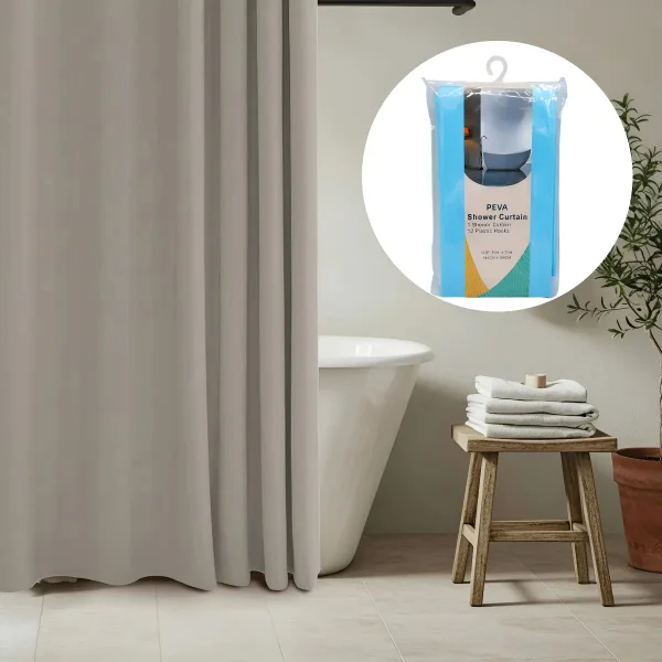 Cortina De Baño Ducha Peva 1,80cm Ganchos Plástico