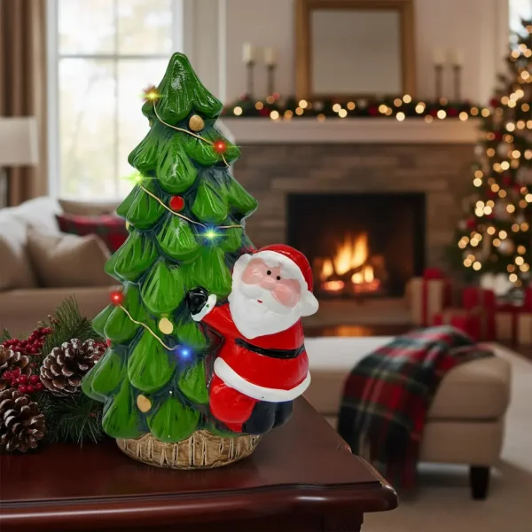 Adorno Ceramica Arbol De Navidad Papa Noel 23cm + Luz Deco