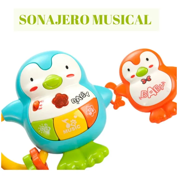 Sonajero Musical Bebe Pinguino Celeste Con Luces Y Sonidos