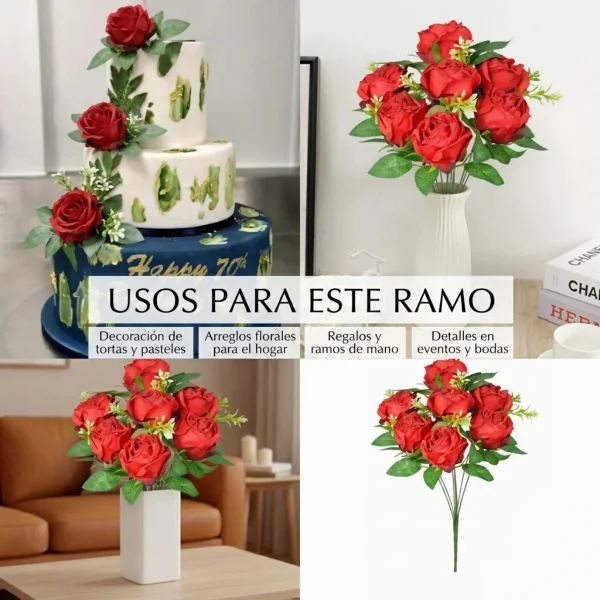 Ramo Rosas Artificiales Grande Flores Rojas Artificial 40cm Rojo