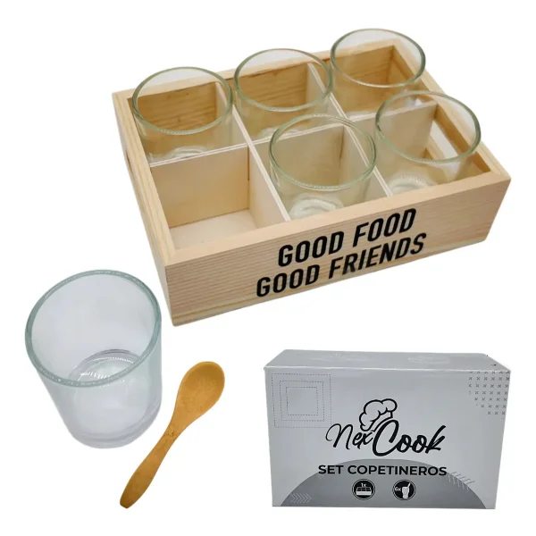 Set X6 Copetineros De Vidrio Y Madera Con Cucharitas Transparente