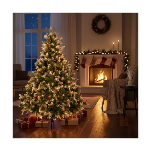 Arbol De Navidad Pino Natural Nevado Con Berry 1.50mts Color Verde