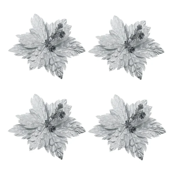 Flor 25cm Plata Arbol De Navidad Adornos Decoración X4u Plateado