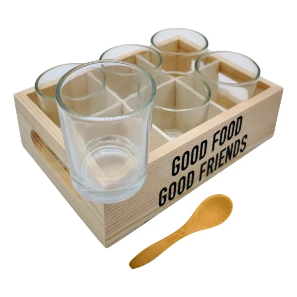 Set X6 Copetineros De Vidrio Y Madera Con Cucharitas Transparente