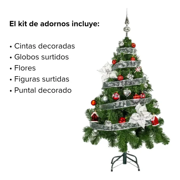 Arbol de Navidad Verde Tronador Lujo 1,20m Kit 30 Deco Rojo Plata