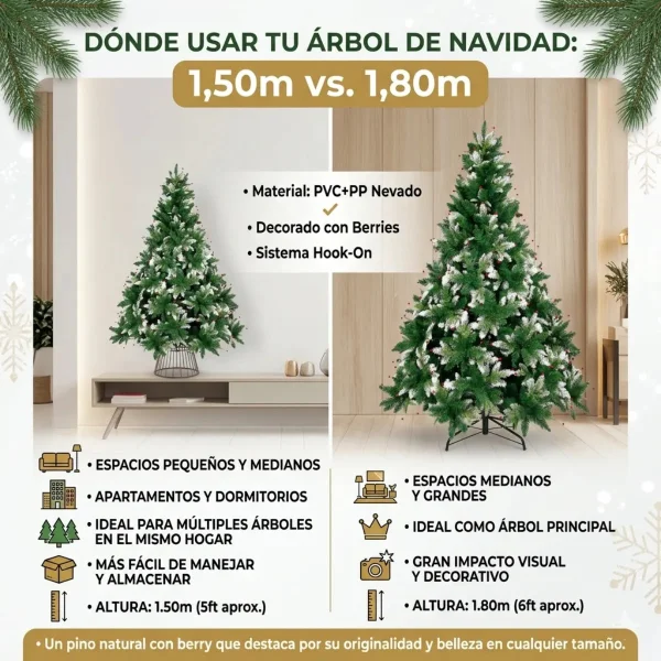 Arbol De Navidad Pino Natural Nevado Con Berry 1.80mts Verde