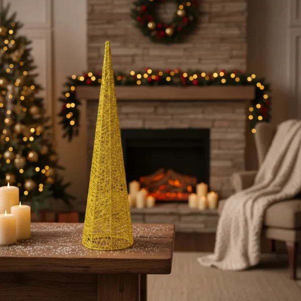 Arbolito Adorno Navidad 60cm Cono Navideño Deco Alambre Oro